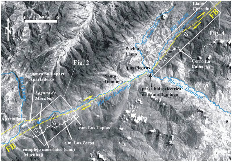 Figura 1. Fotografía aérea mostrando la ubicación relativa de los movimientos de laderas descritos a lo largo de la traza de la falla (línea punteada amarilla) sismogénica de Boconó (FB) en el valle de los ríos Santo Domingo y Aracay. Se indica la ubicación de las figuras 2 y 4.