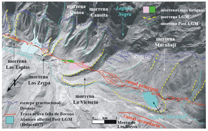 Figura 2. Cartografía del movimiento en masa del páramo de Mucubají y su relación con las morrenas del Pleistoceno tardío en el área, así como con la traza activa de la falla de Boconó. La ubicación relativa de esta figura se muestra en la figura 1.