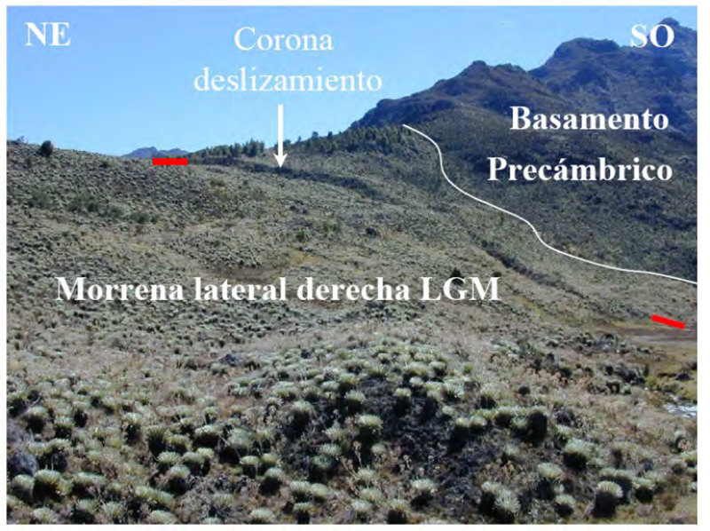 Figura 3. Vista de terreno hacia el sur de la corona de deslizamiento, donde afecta el complejo morrénico de Mucubají, en el fondo del valle del río Mucuñuque. Vista tomada desde el interior del complejo.