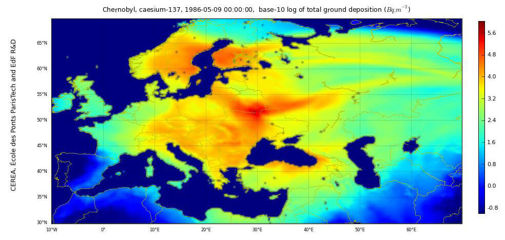 Map of ground deposition of caesium-137 for the Chernobyl accident, by Victor Winiarek, Marc Bocquet, Yelva Roustan, Camille Birman, and Pierre Tran at CEREA.