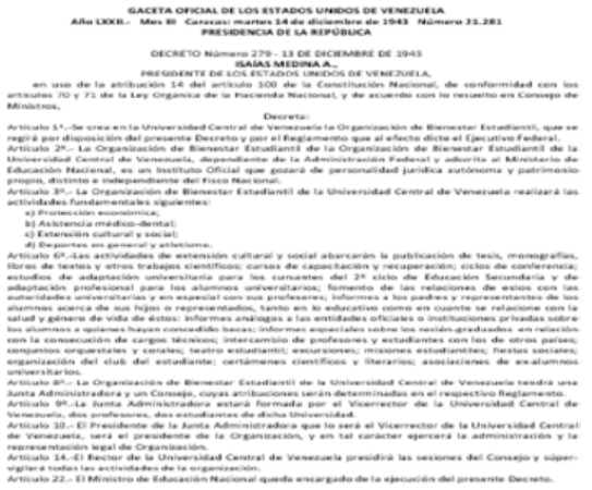 Figura 2. Decreto No. 279 (Creación de la OBE). (1943, diciembre 13). Gaceta Oficial de los Estados Unidos de Venezuela, 21.281, diciembre 14, 1943.